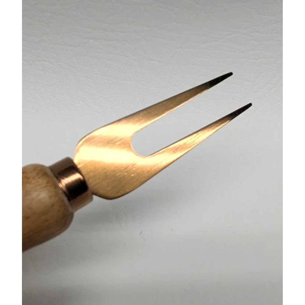Charcuterie 2-Prong Pickle Olive Cocktail Fork Wood Handle Rose Gold Tone Prongs